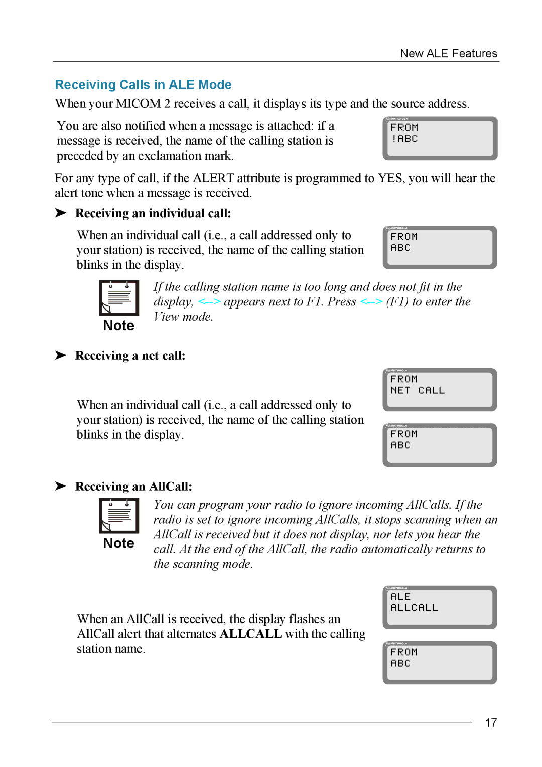 Motorola MICOM-2ES/2RS/2TS ALE manual Receiving Calls in ALE Mode, Receiving an individual call, Receiving a net call 