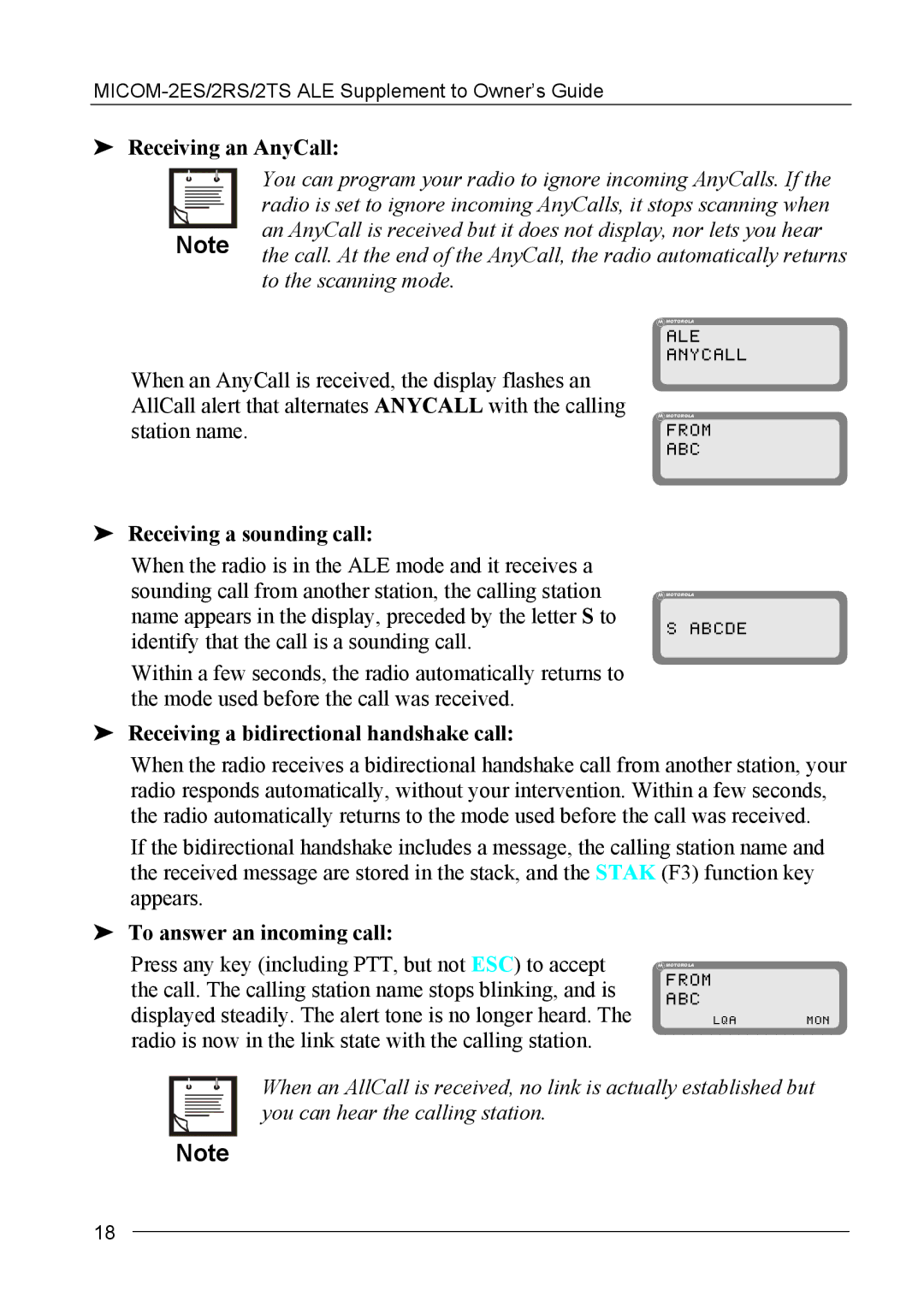 Motorola MICOM-2ES/2RS/2TS ALE Receiving an AnyCall, Receiving a sounding call, Receiving a bidirectional handshake call 