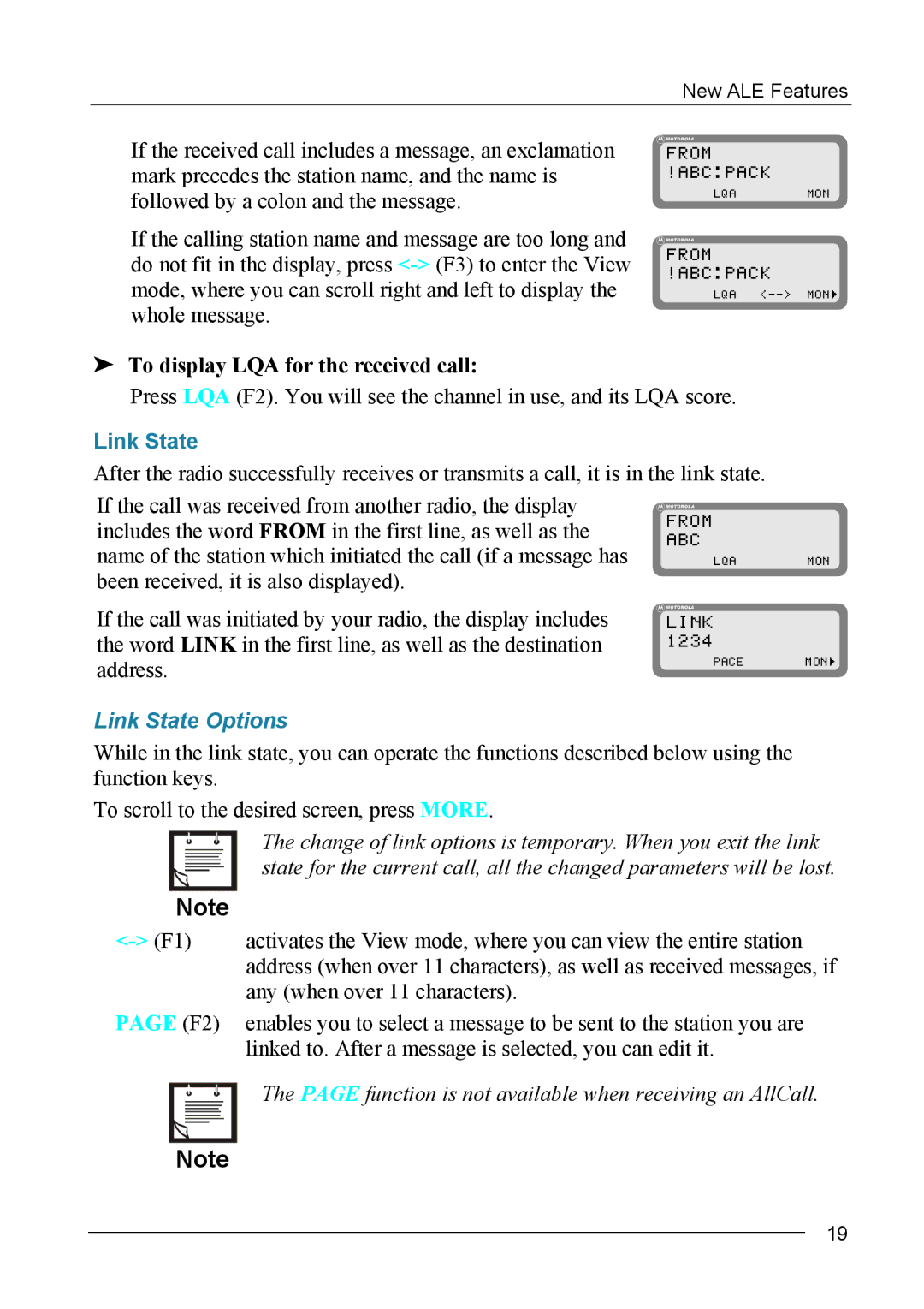 Motorola MICOM-2ES/2RS/2TS ALE manual Abcpack, To display LQA for the received call, Link State Options 