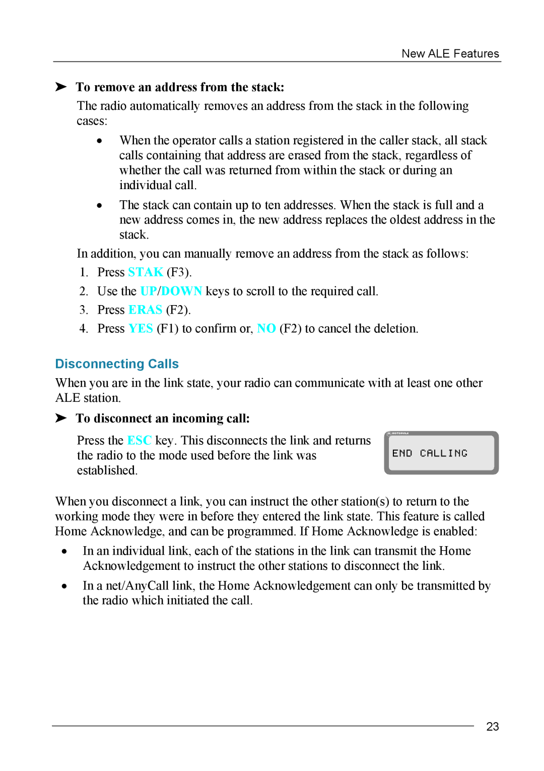 Motorola MICOM-2ES/2RS/2TS ALE To remove an address from the stack, Disconnecting Calls, To disconnect an incoming call 