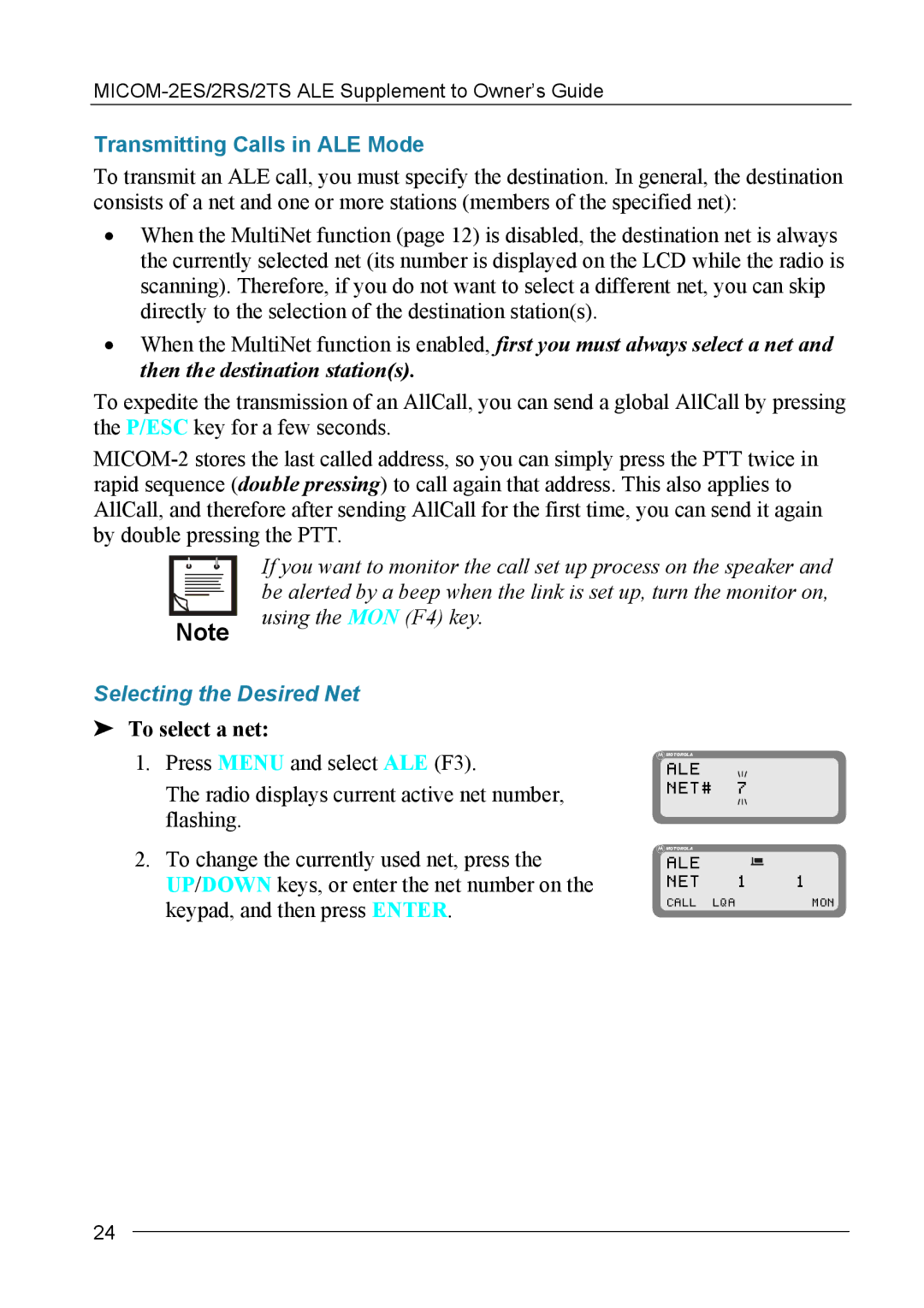 Motorola MICOM-2ES/2RS/2TS ALE Transmitting Calls in ALE Mode, Using the MON F4 key, Selecting the Desired Net, Ale Net 