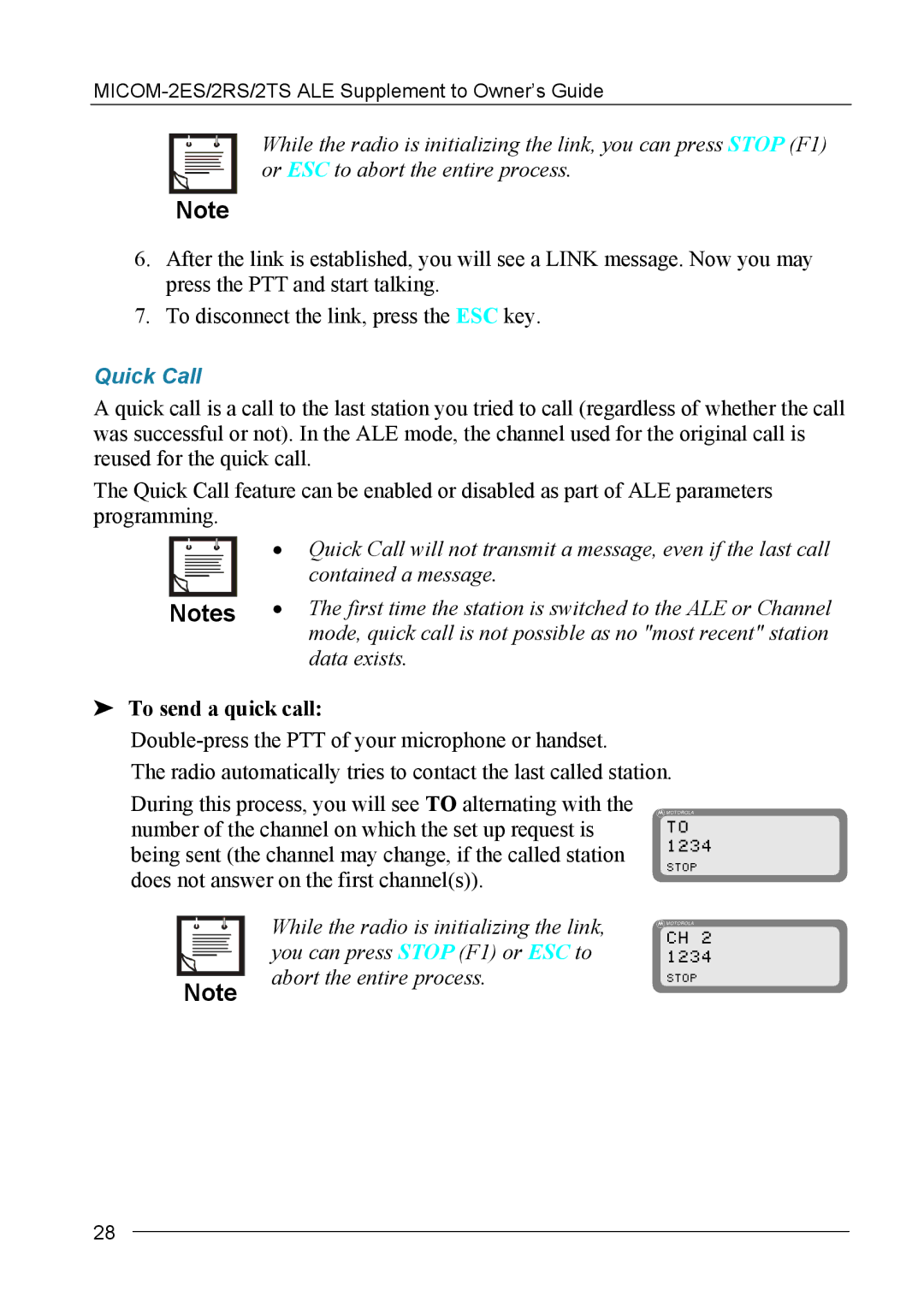 Motorola MICOM-2ES/2RS/2TS ALE manual Quick Call, Contained a message, Data exists, To send a quick call 