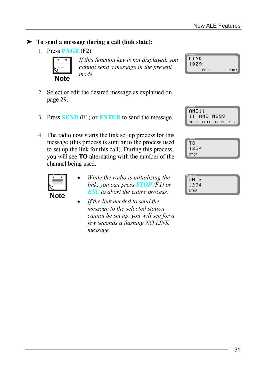 Motorola MICOM-2ES/2RS/2TS ALE manual To send a message during a call link state 