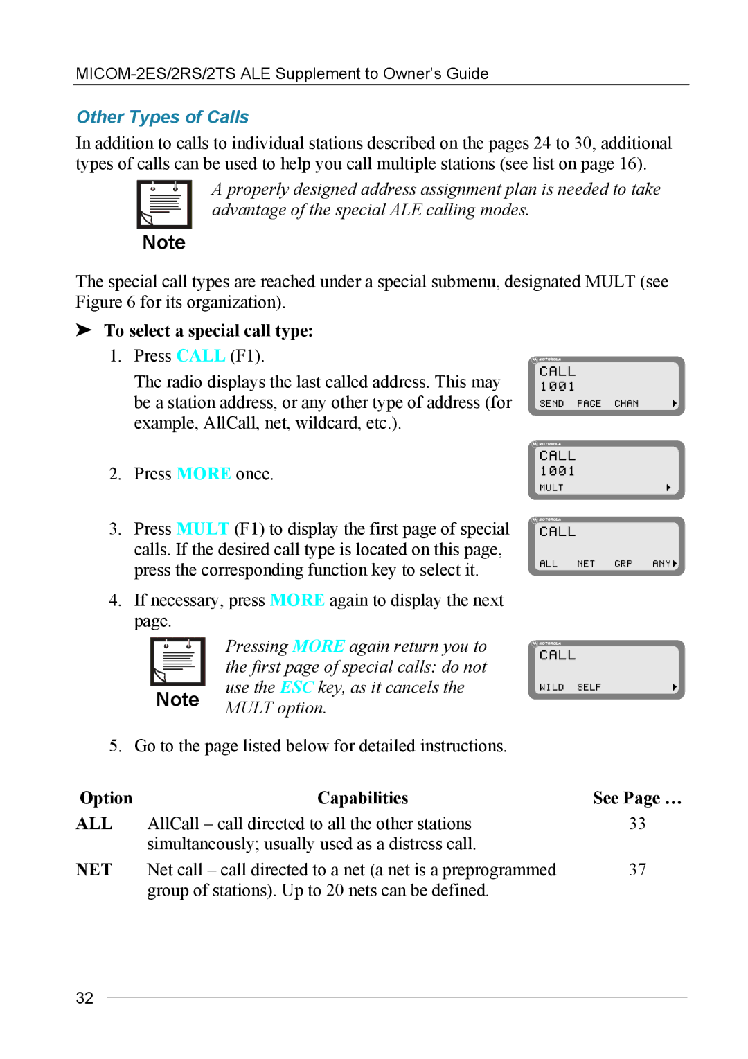 Motorola MICOM-2ES/2RS/2TS ALE Other Types of Calls, To select a special call type, Option Capabilities See Page …, All 