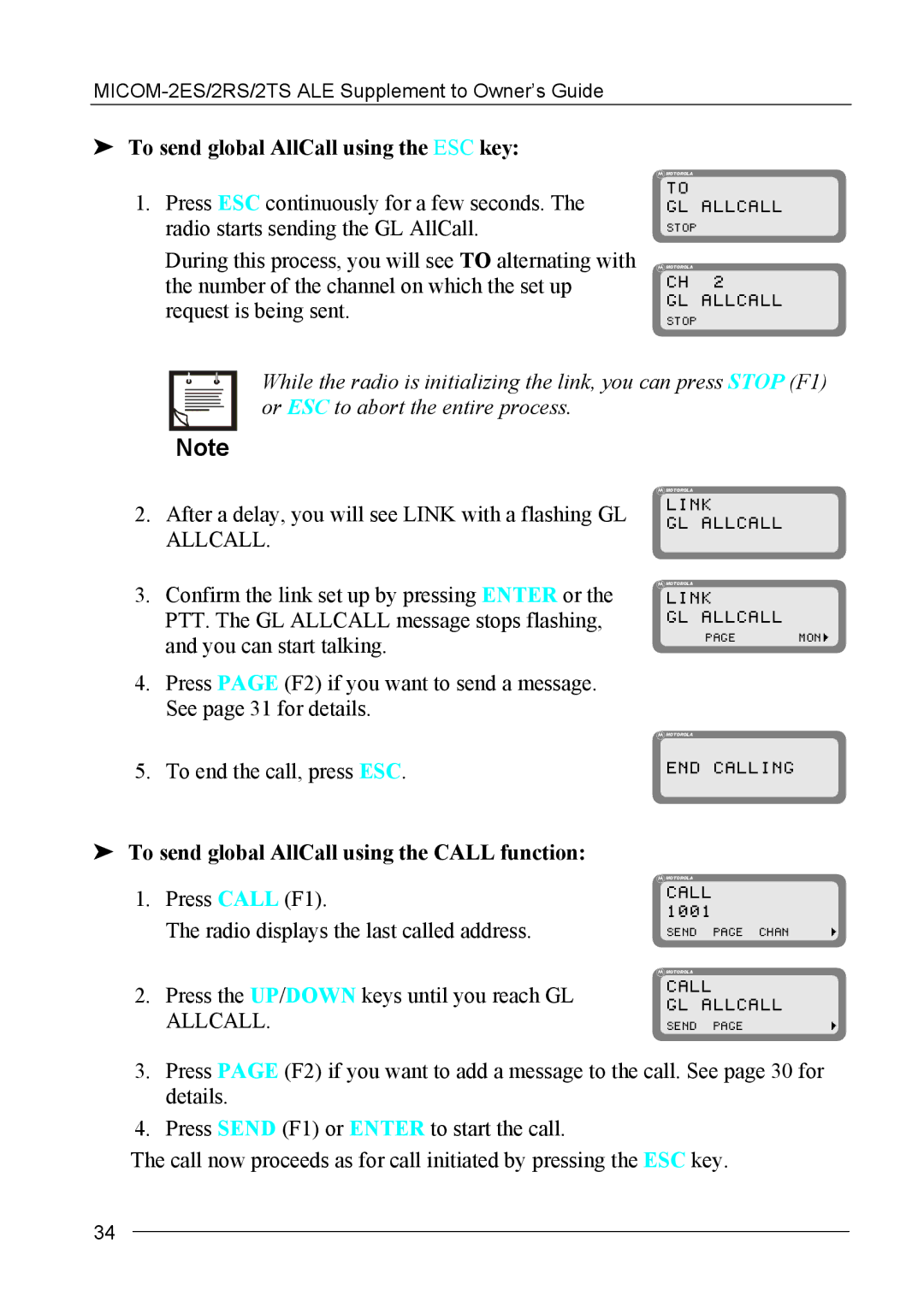 Motorola MICOM-2ES/2RS/2TS ALE manual To send global AllCall using the ESC key, Link GL Allcall, Call GL Allcall 