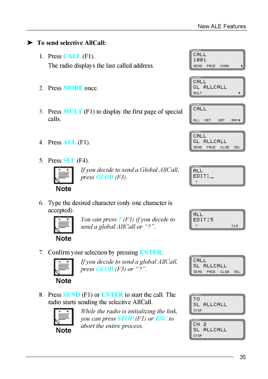 Motorola MICOM-2ES/2RS/2TS ALE manual To send selective AllCall, If you decide to send a Global AllCall, press Glob F3 