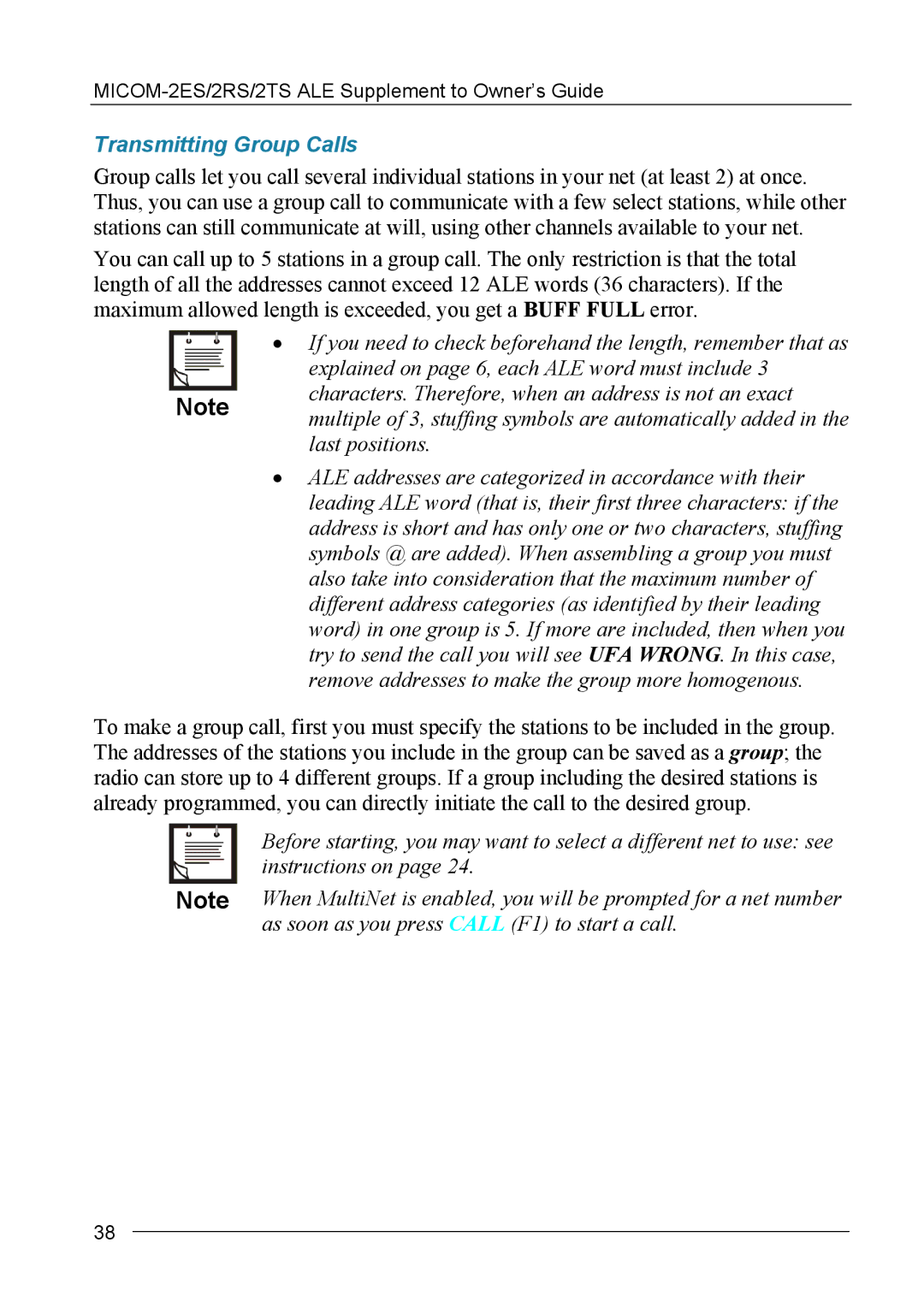 Motorola MICOM-2ES/2RS/2TS ALE manual Transmitting Group Calls, Explained on page 6, each ALE word must include 