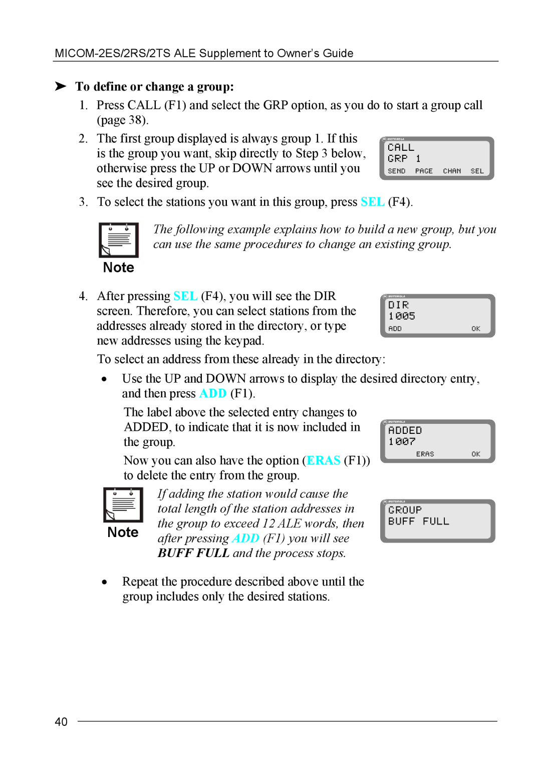 Motorola MICOM-2ES/2RS/2TS ALE manual To define or change a group, If adding the station would cause 