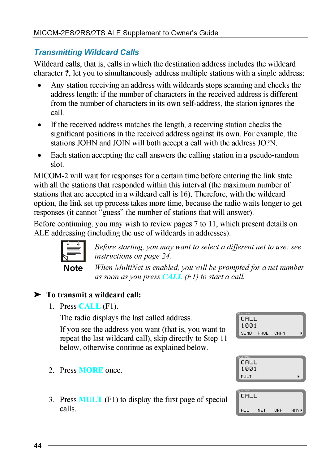 Motorola MICOM-2ES/2RS/2TS ALE manual Transmitting Wildcard Calls, To transmit a wildcard call 