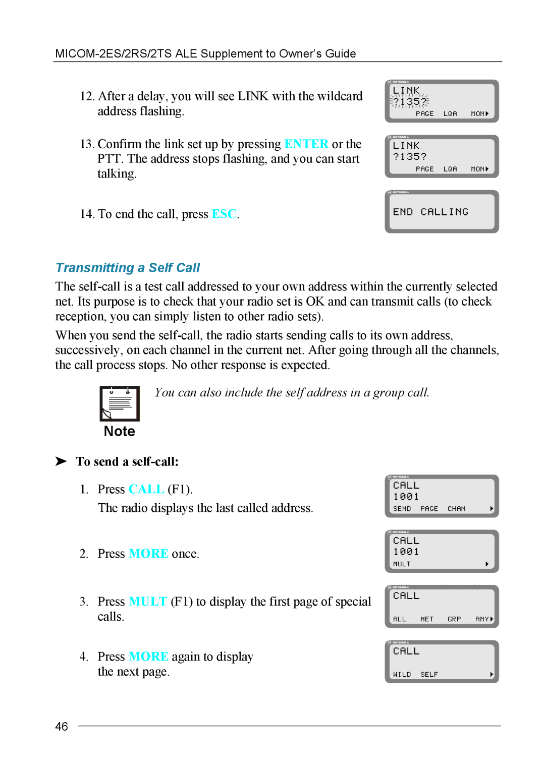 Motorola MICOM-2ES/2RS/2TS ALE manual Transmitting a Self Call, You can also include the self address in a group call 