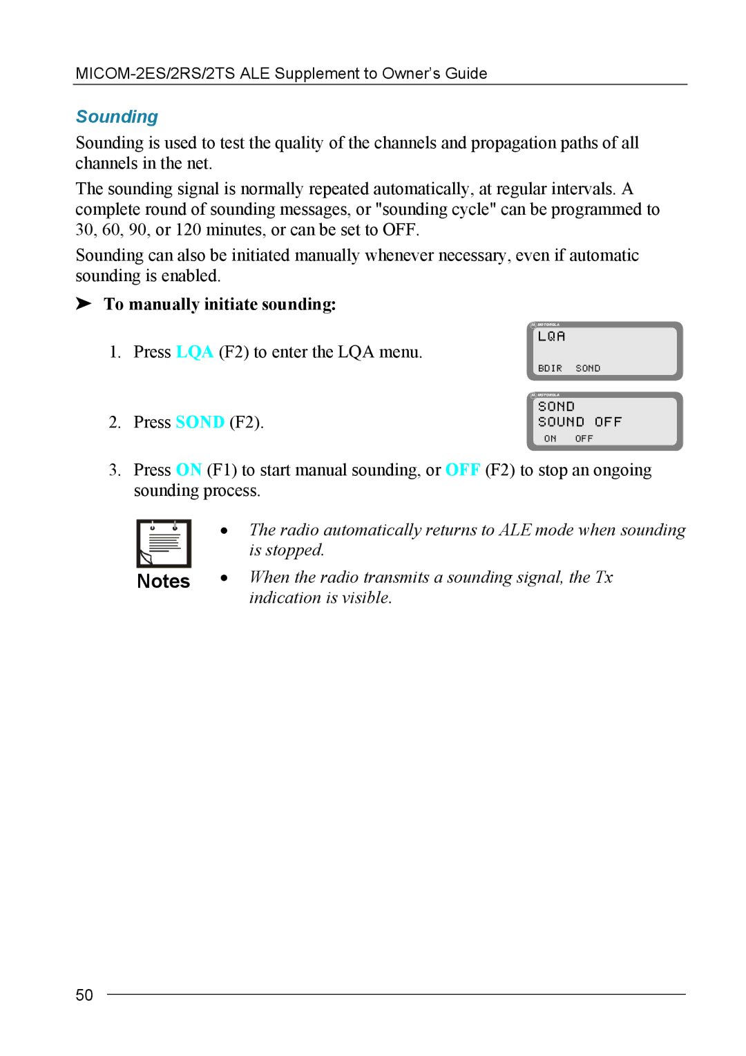 Motorola MICOM-2ES/2RS/2TS ALE Sounding, To manually initiate sounding, Sond Sound OFF 