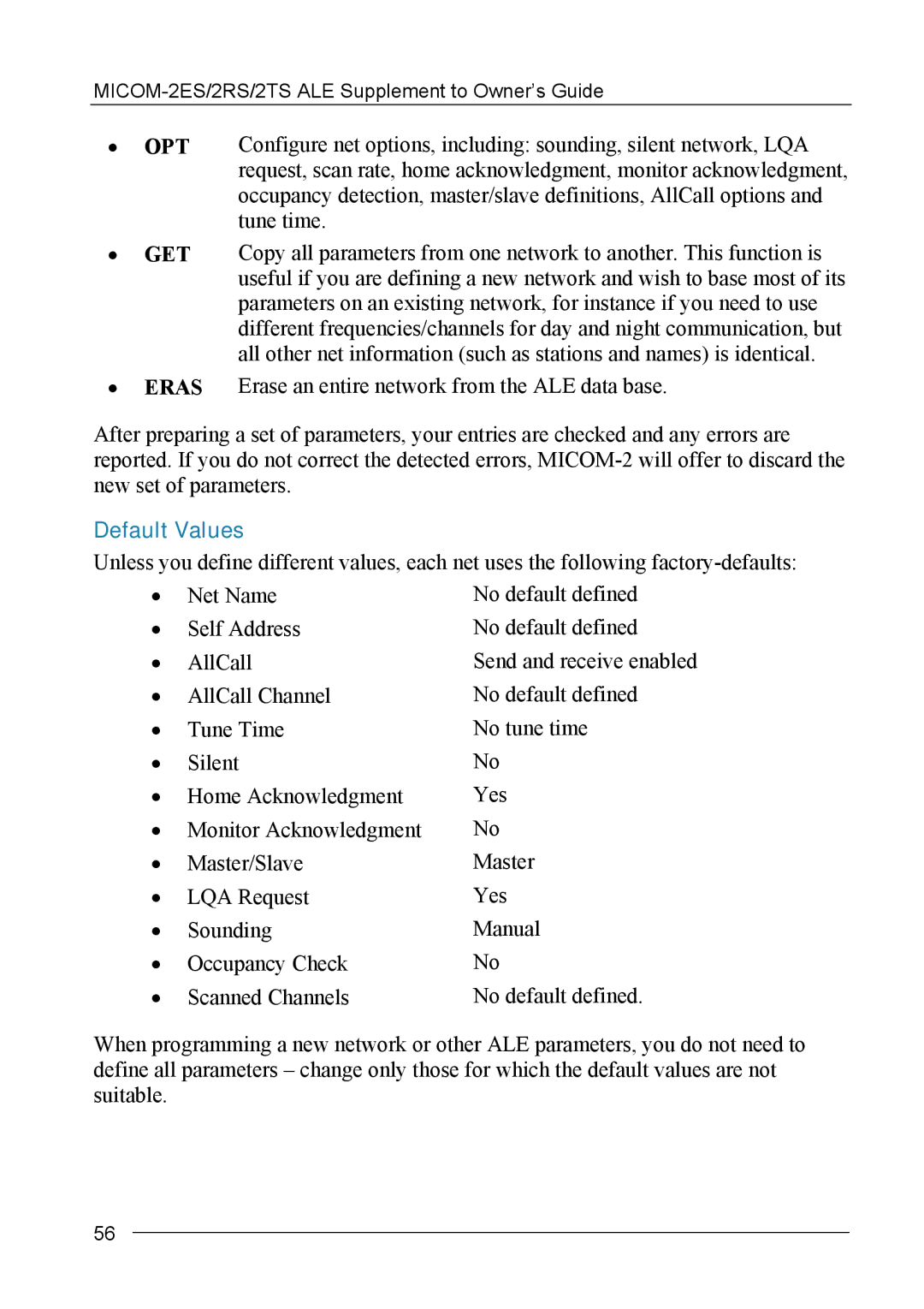 Motorola MICOM-2ES/2RS/2TS ALE manual GET Eras, Default Values 