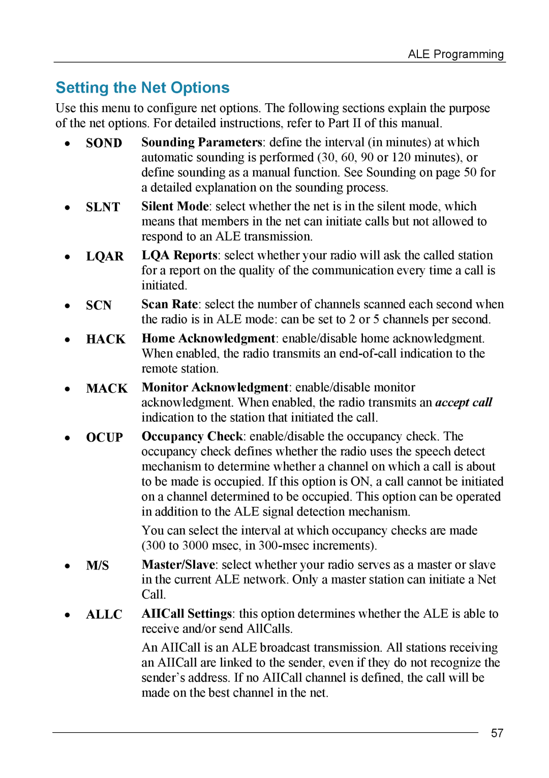 Motorola MICOM-2ES/2RS/2TS ALE manual Setting the Net Options 