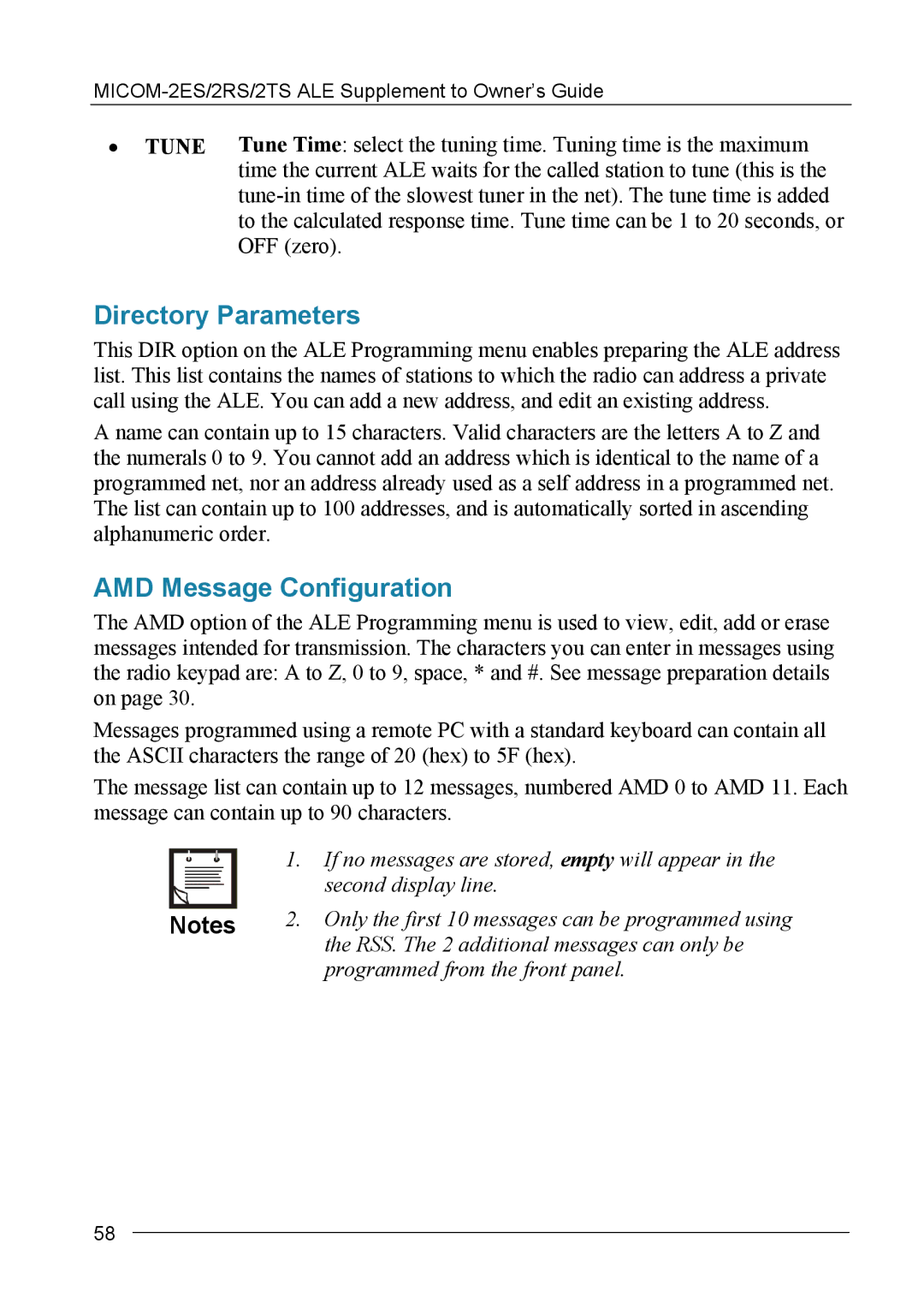 Motorola MICOM-2ES/2RS/2TS ALE manual Directory Parameters, AMD Message Configuration 