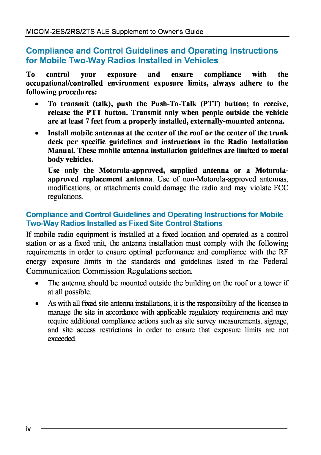 Motorola MICOM-2ES/2RS/2TS ALE manual Communication Commission Regulations section 