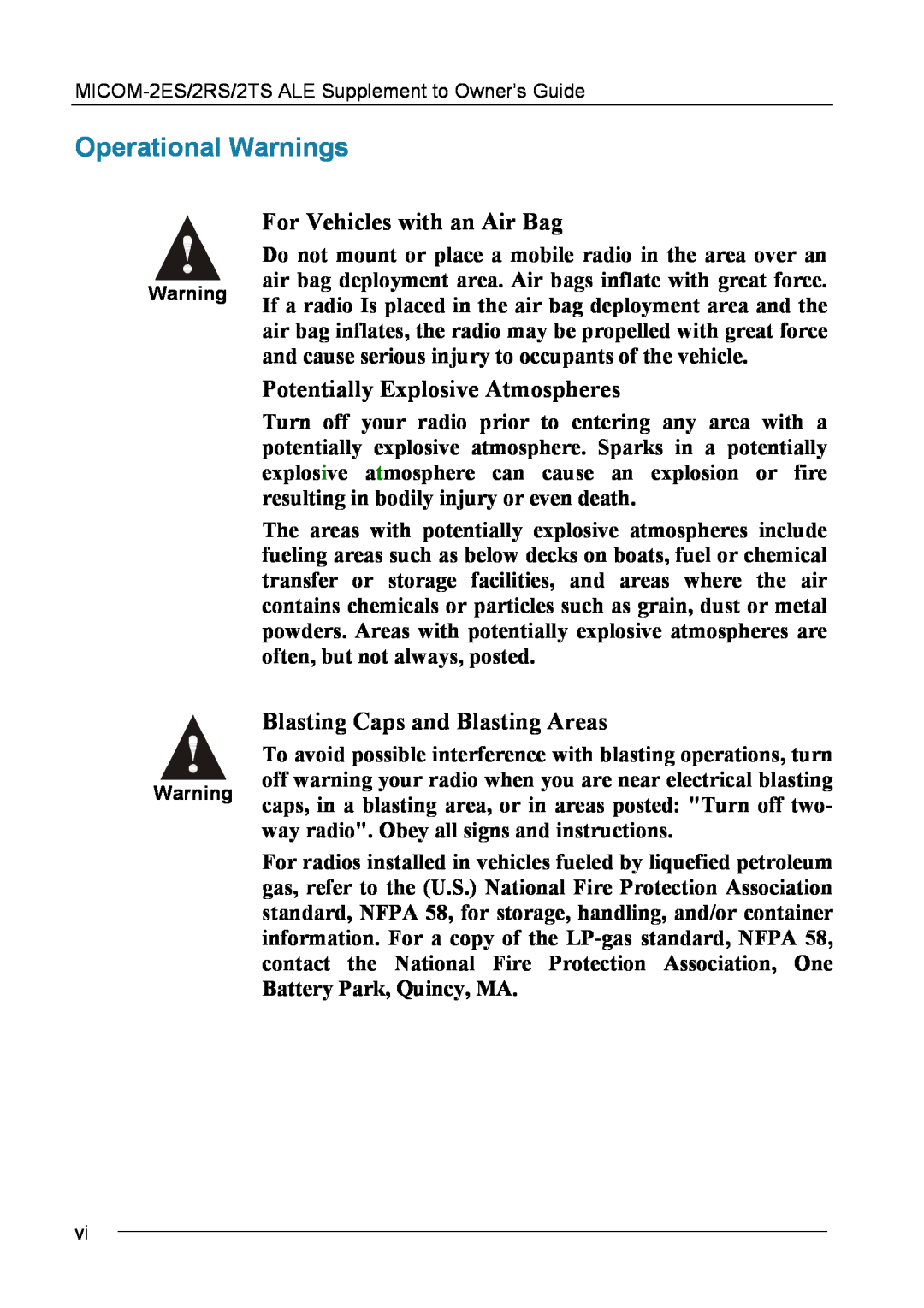 Motorola MICOM-2ES/2RS/2TS ALE manual Operational Warnings, For Vehicles with an Air Bag, Potentially Explosive Atmospheres 