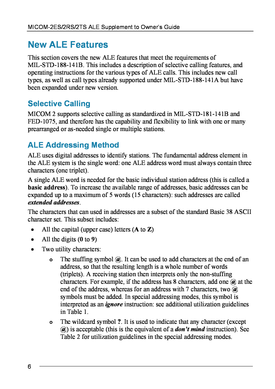 Motorola MICOM-2ES/2RS/2TS ALE manual New ALE Features, Selective Calling, ALE Addressing Method 