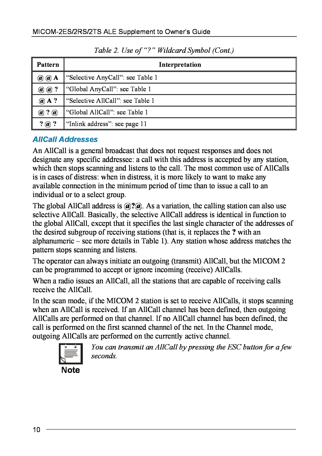 Motorola MICOM-2ES/2RS/2TS ALE manual AllCall Addresses, Use of “?” Wildcard Symbol Cont 