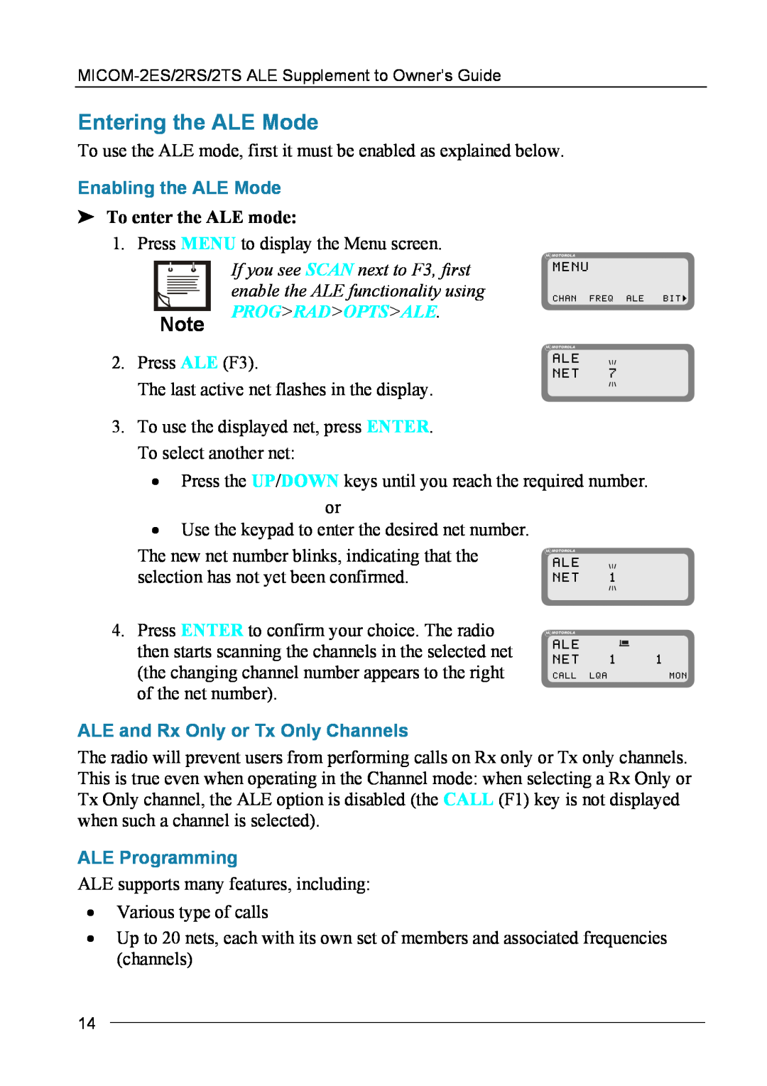 Motorola MICOM-2ES/2RS/2TS ALE manual Entering the ALE Mode, Enabling the ALE Mode, ALE and Rx Only or Tx Only Channels 