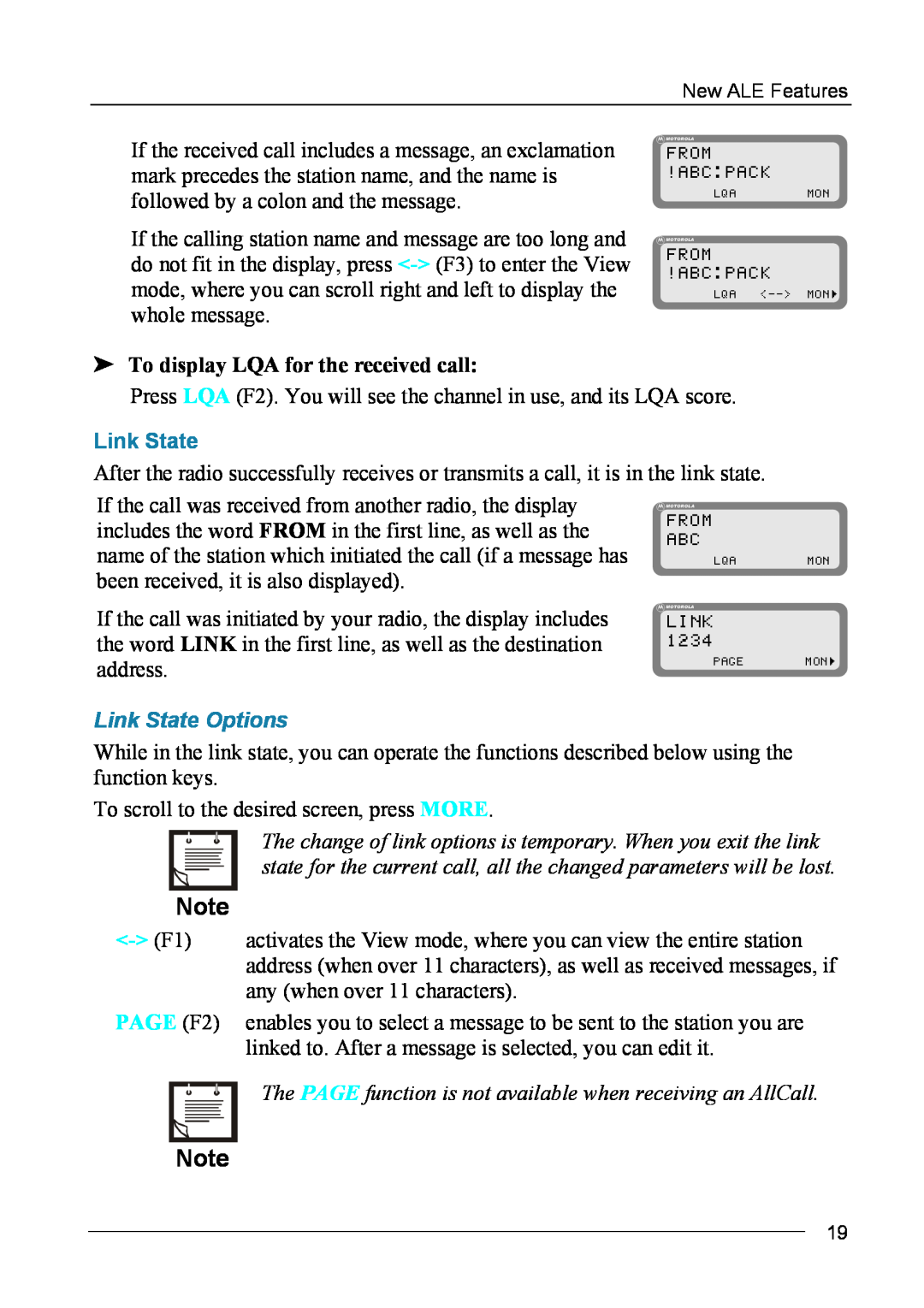 Motorola MICOM-2ES/2RS/2TS ALE manual Link State Options, To display LQA for the received call 
