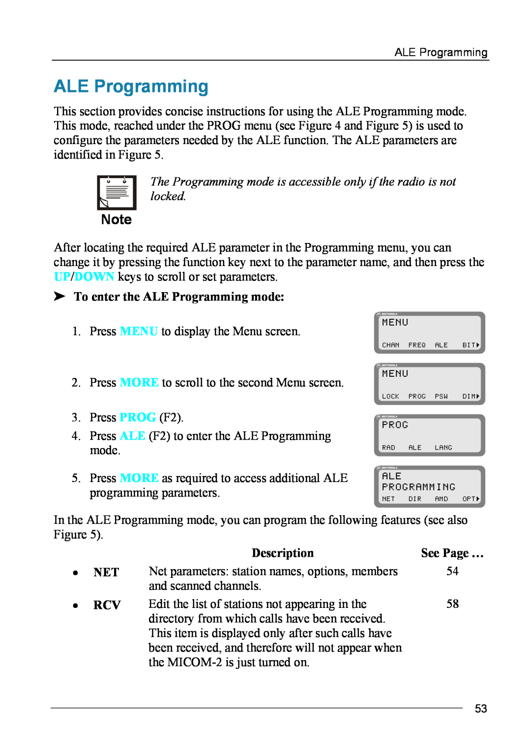 Motorola MICOM-2ES/2RS/2TS ALE manual To enter the ALE Programming mode, Net Rcv, Description, See Page … 