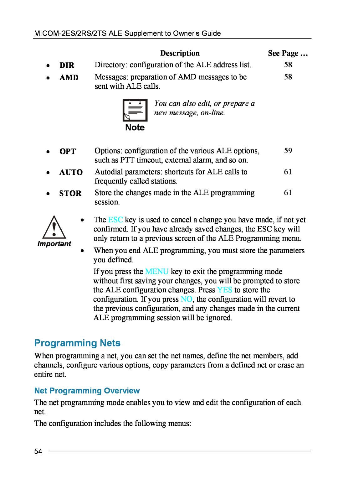 Motorola MICOM-2ES/2RS/2TS ALE Programming Nets, Net Programming Overview, Dir Amd, Description, See Page …, Opt Auto Stor 