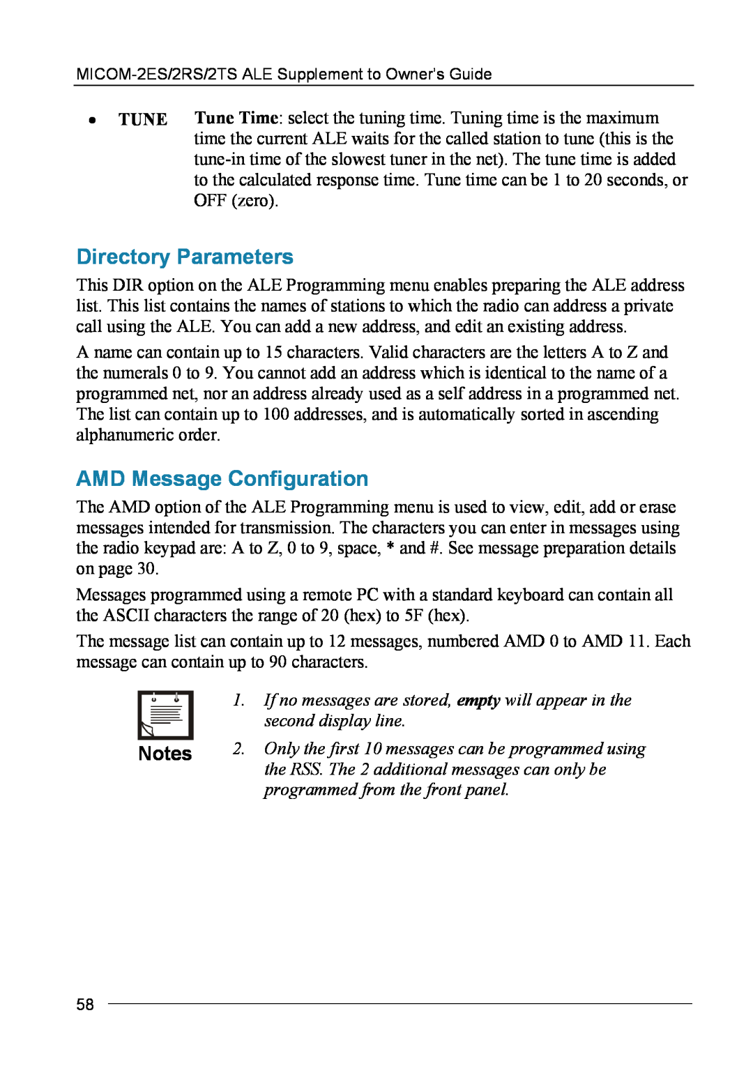 Motorola MICOM-2ES/2RS/2TS ALE manual Directory Parameters, AMD Message Configuration 