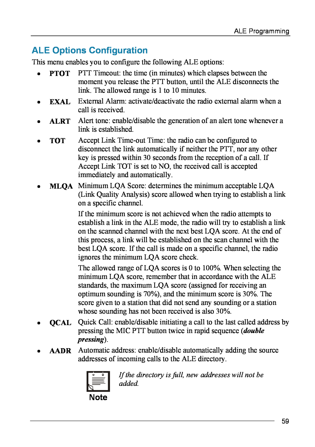 Motorola MICOM-2ES/2RS/2TS ALE manual ALE Options Configuration, Exal Alrt, Mlqa Qcal 