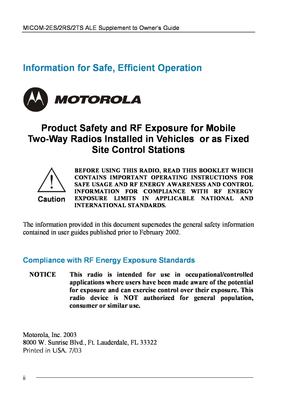 Motorola MICOM-2ES/2RS/2TS ALE manual Information for Safe, Efficient Operation, Product Safety and RF Exposure for Mobile 