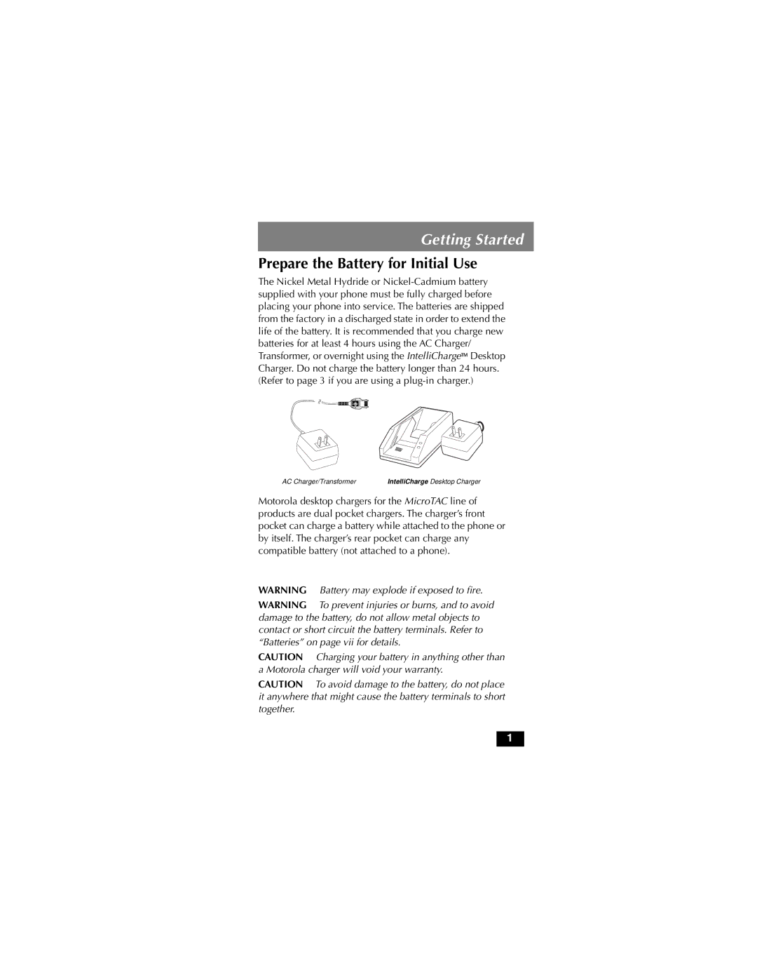 Motorola MicroTAC owner manual Getting Started, Prepare the Battery for Initial Use 