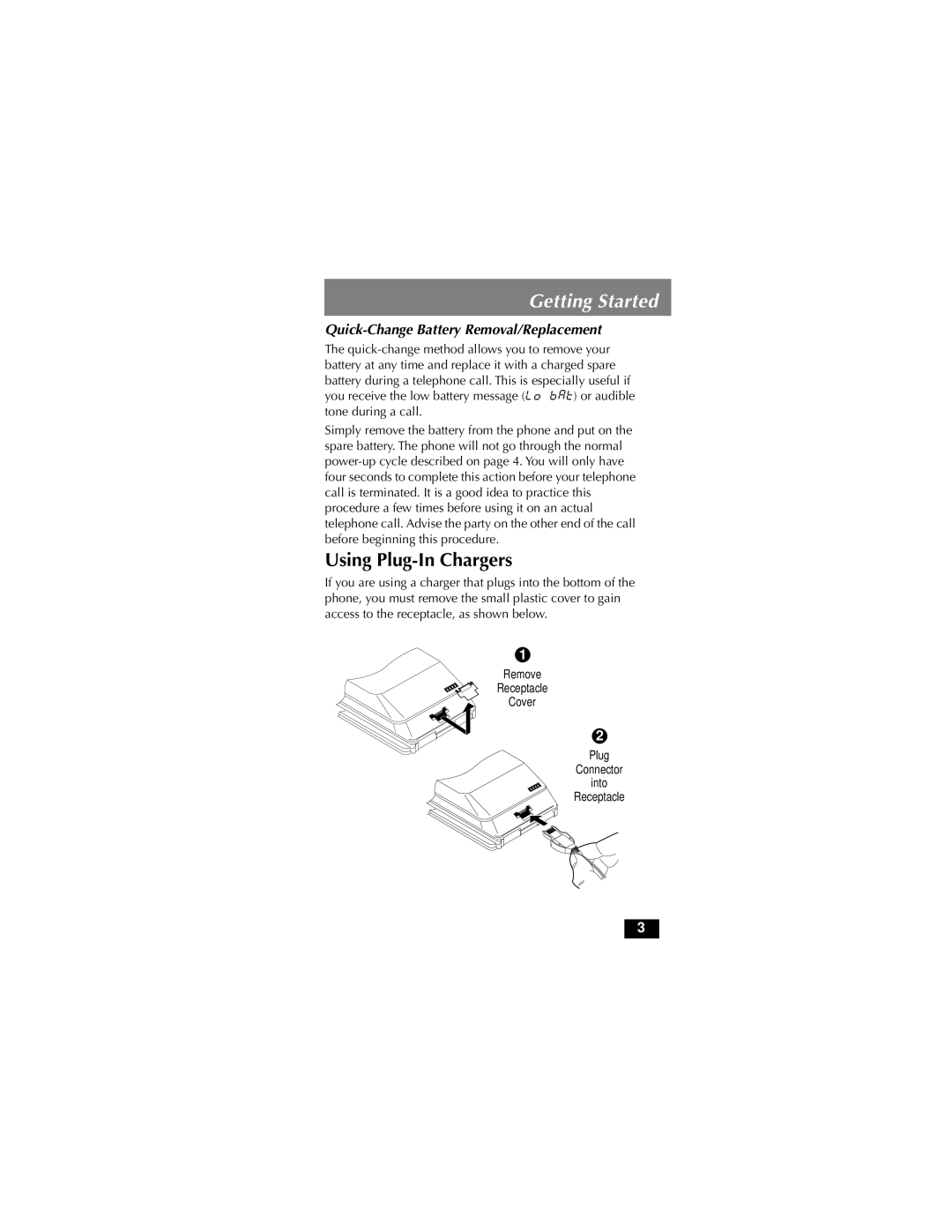 Motorola MicroTAC owner manual Using Plug-In Chargers, Quick-Change Battery Removal/Replacement 