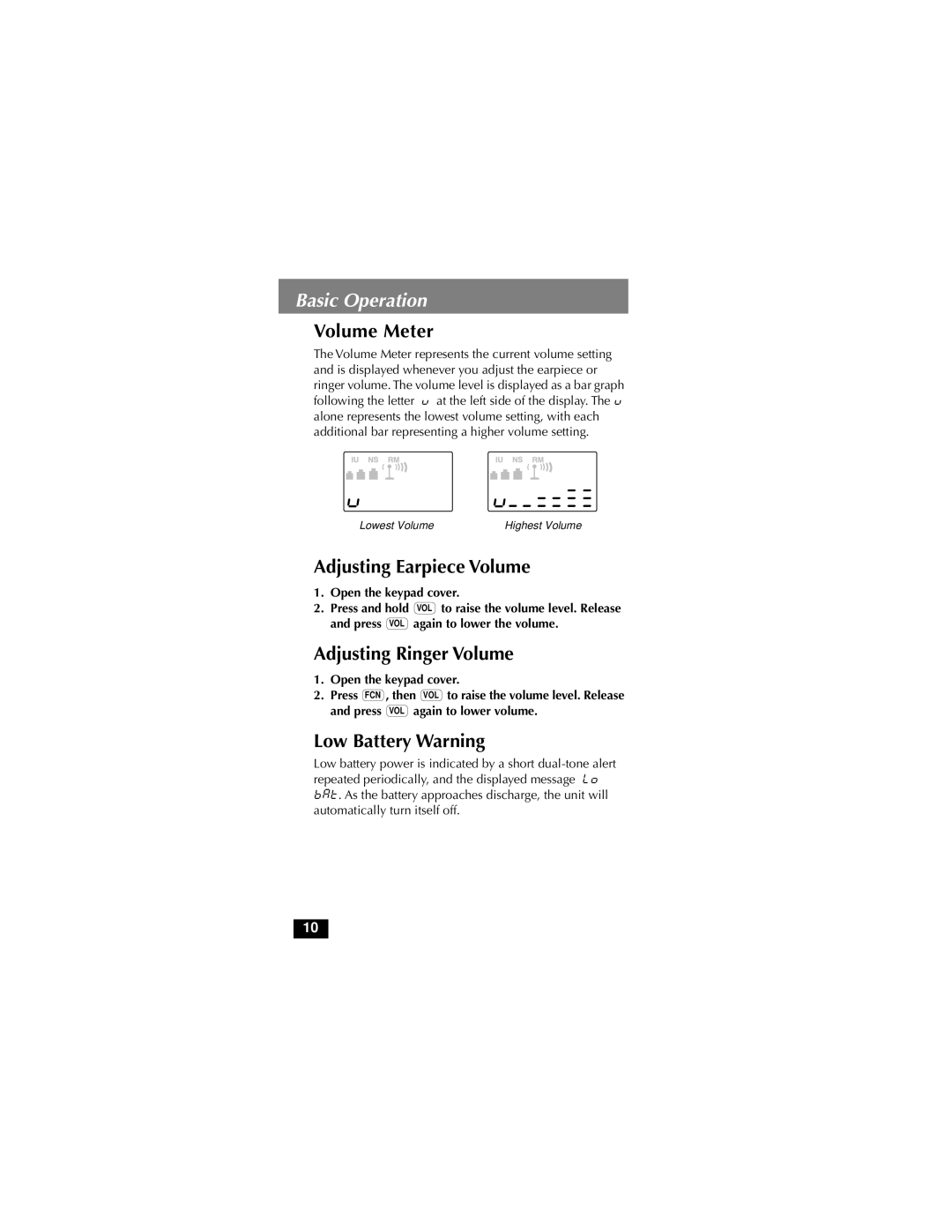 Motorola MicroTAC owner manual Volume Meter, Adjusting Earpiece Volume, Adjusting Ringer Volume, Low Battery Warning 