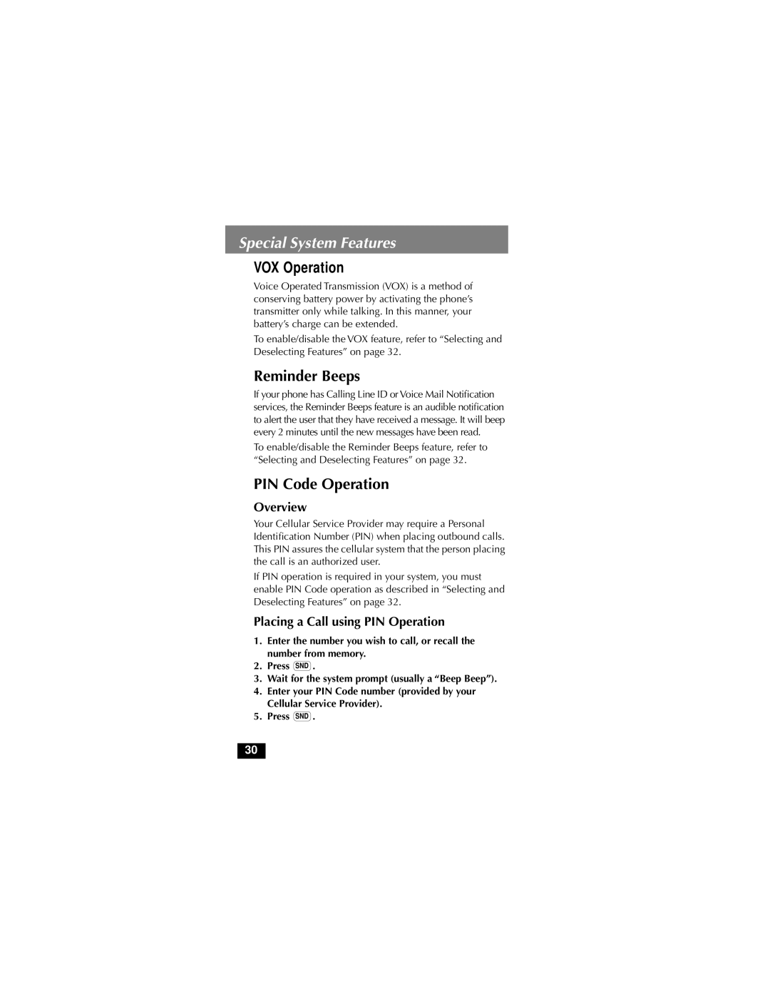 Motorola MicroTAC VOX Operation, Reminder Beeps, PIN Code Operation, Overview, Placing a Call using PIN Operation 