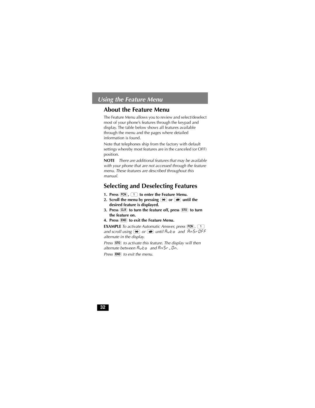 Motorola MicroTAC owner manual Using the Feature Menu, About the Feature Menu, Selecting and Deselecting Features 