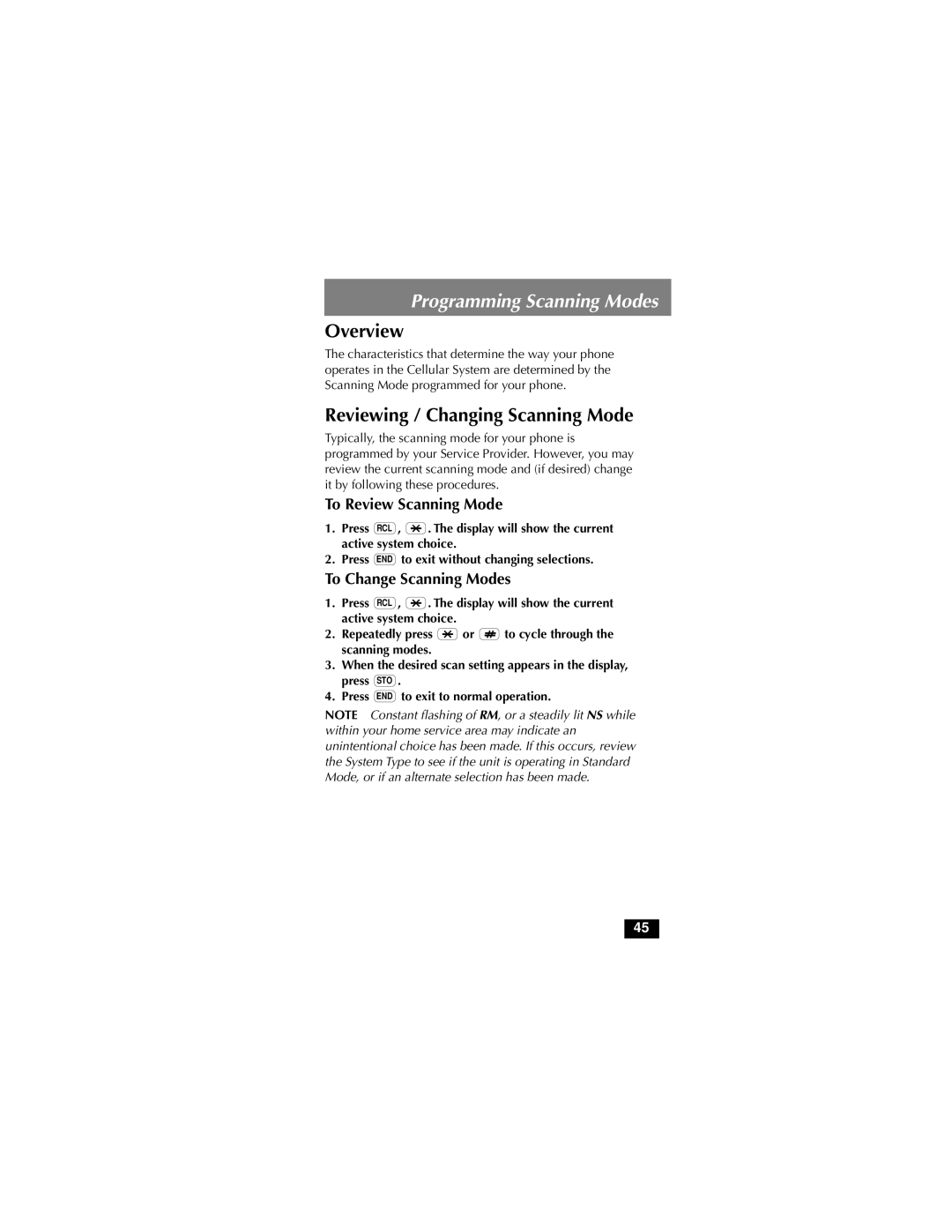 Motorola MicroTAC Programming Scanning Modes, Overview, Reviewing / Changing Scanning Mode, To Review Scanning Mode 