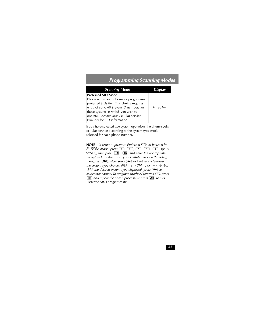 Motorola MicroTAC owner manual Programming Scanning Modes, Preferred SID Mode 