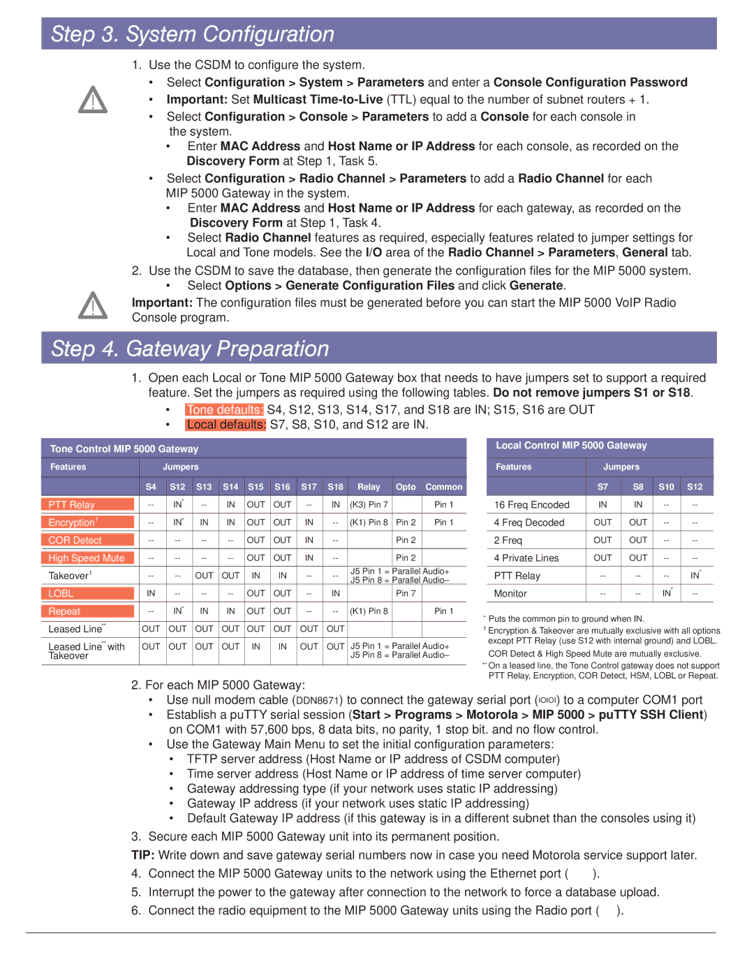 Motorola System Configuration, Gateway Preparation, Tone Control MIP 5000 Gateway, Local Control MIP 5000 Gateway 
