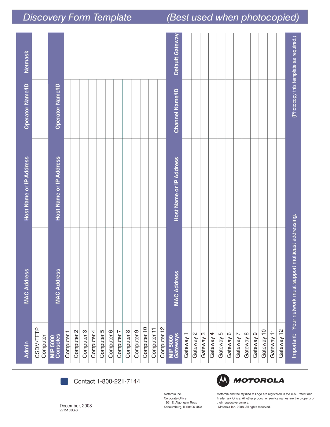 Motorola Discovery Form Template Best used when photocopied, Computer 12 MIP 5000 Gateways 