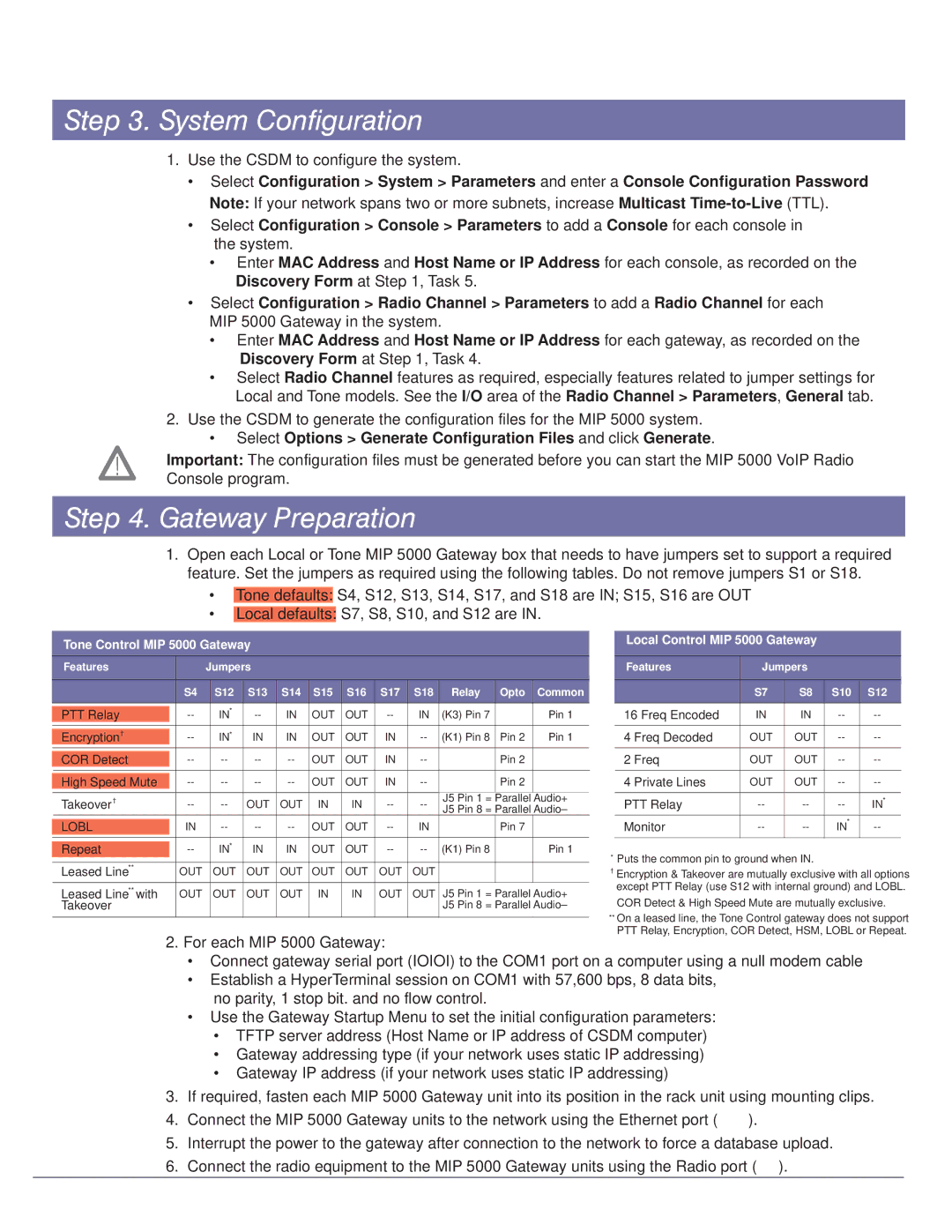 Motorola System Configuration, Gateway Preparation, Tone Control MIP 5000 Gateway, Local Control MIP 5000 Gateway 