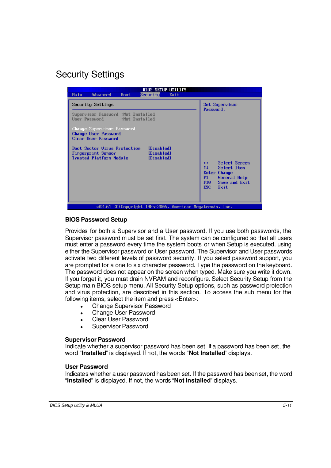 Motorola ML910 owner manual Security Settings, Bios Password Setup, Supervisor Password, User Password 