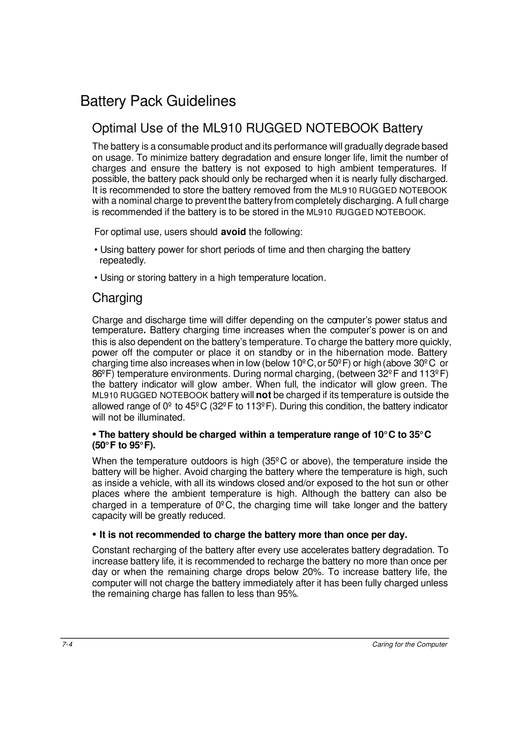 Motorola owner manual Battery Pack Guidelines, Optimal Use of the ML910 Rugged Notebook Battery 