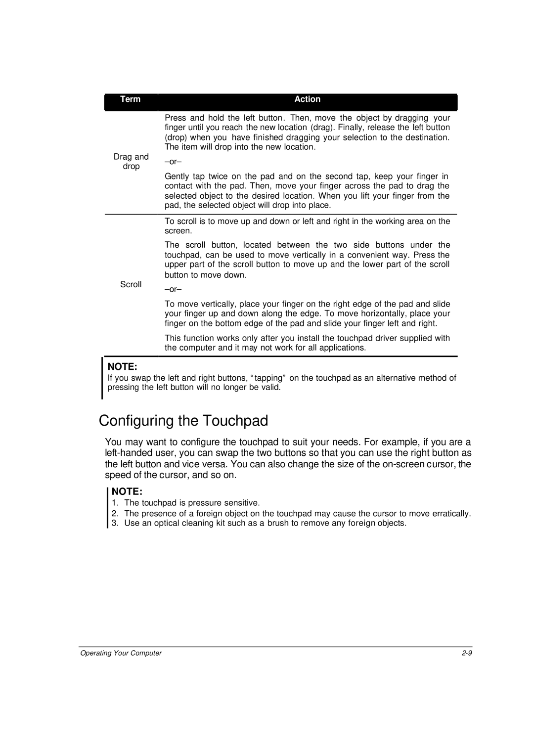 Motorola ML910 owner manual Configuring the Touchpad, Term Action 