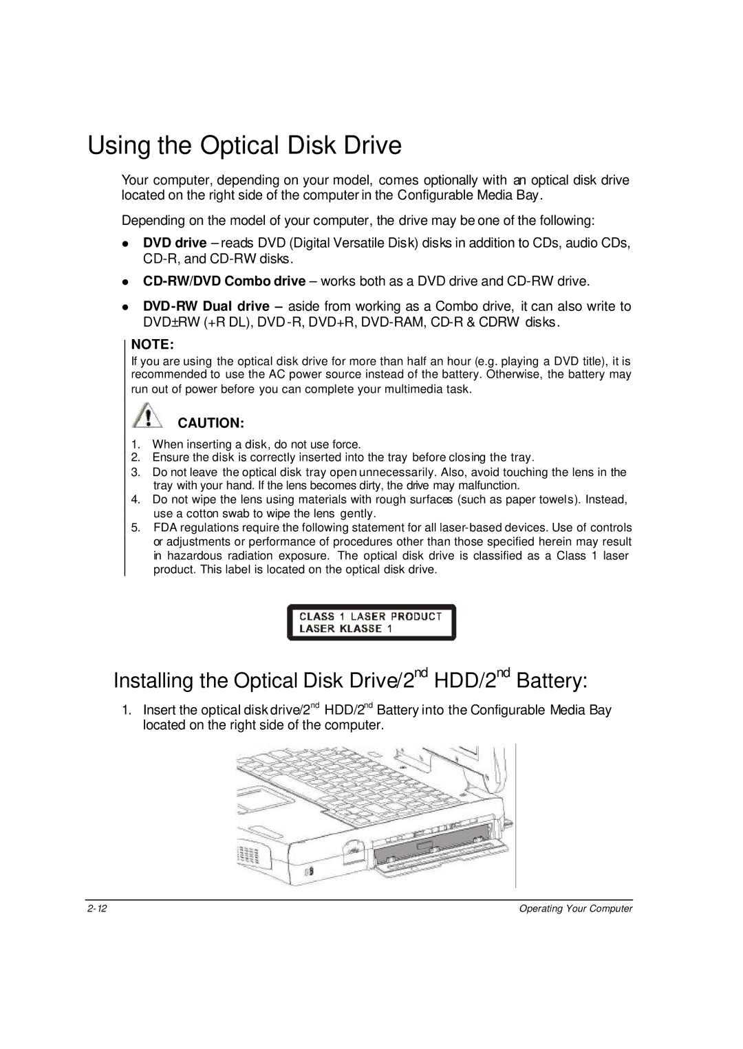 Motorola ML910 owner manual Using the Optical Disk Drive, Installing the Optical Disk Drive/2nd HDD/2nd Battery 