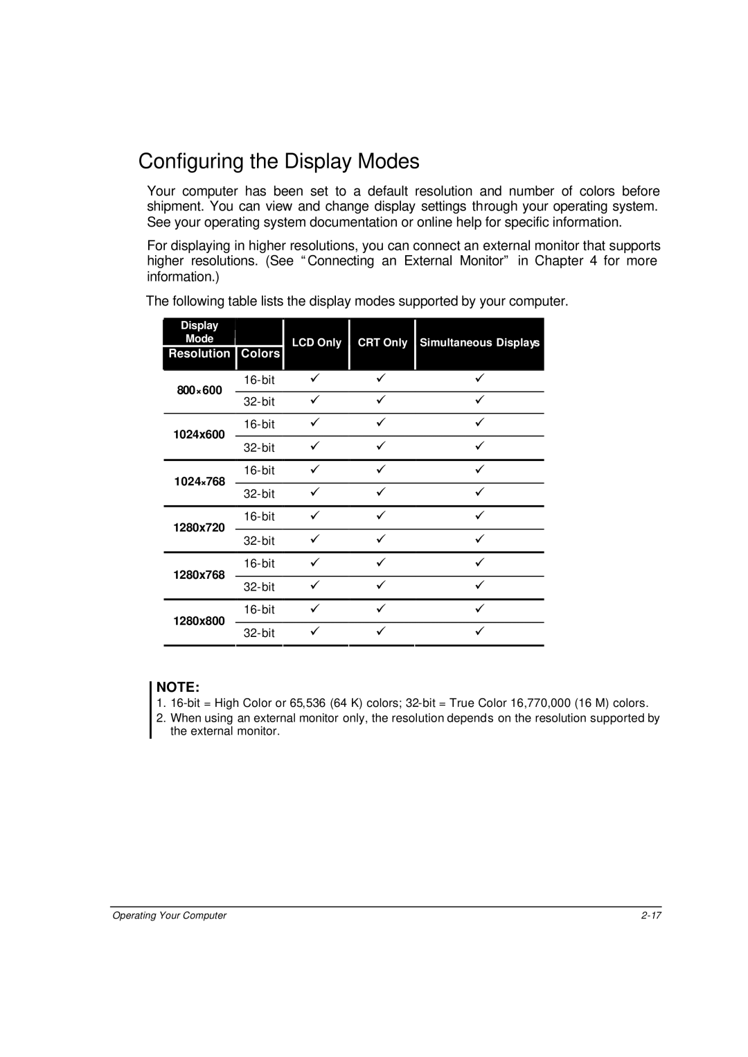 Motorola ML910 owner manual Configuring the Display Modes, Resolution Colors 