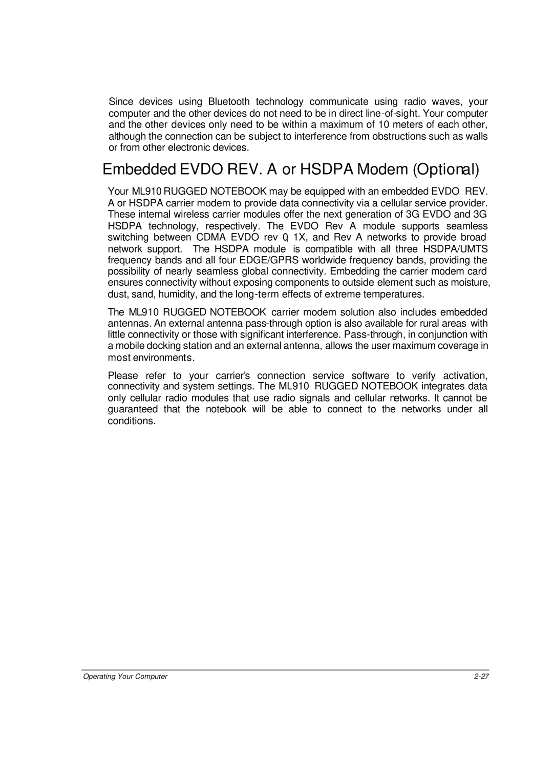 Motorola ML910 owner manual Embedded Evdo REV. a or Hsdpa Modem Optional 