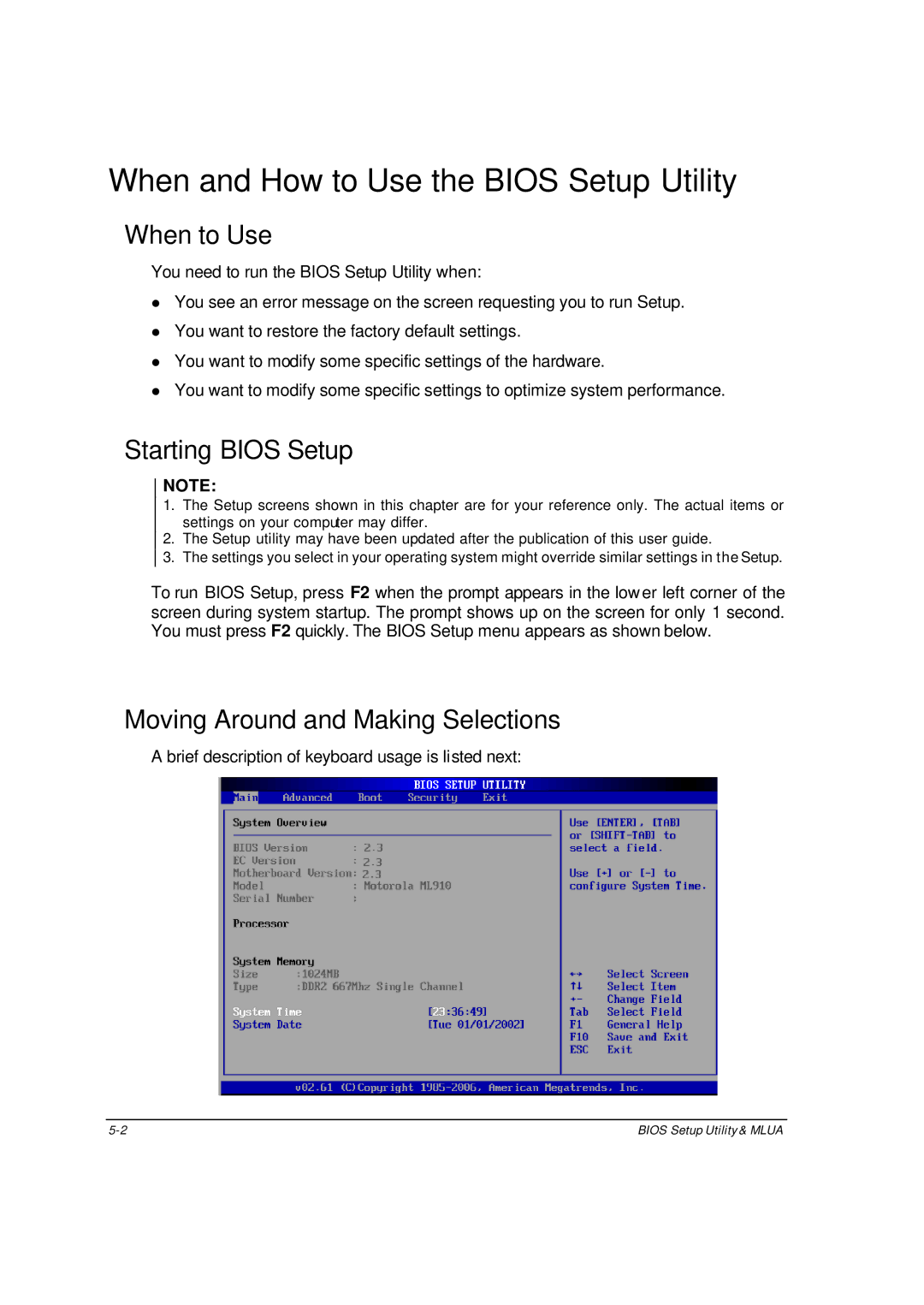 Motorola ML910 owner manual When and How to Use the Bios Setup Utility, When to Use, Starting Bios Setup 