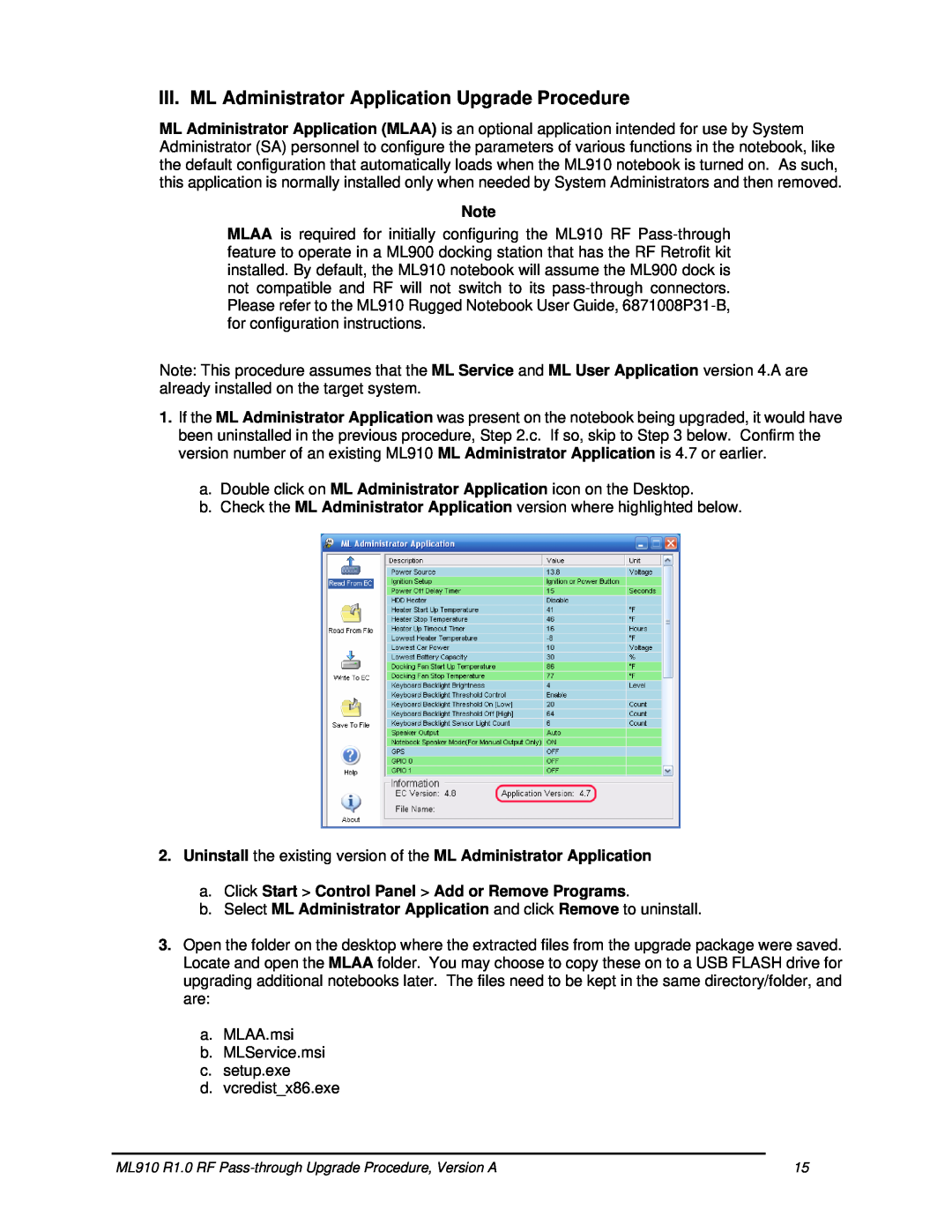 Motorola ML910TM III. ML Administrator Application Upgrade Procedure, a. Click Start Control Panel Add or Remove Programs 