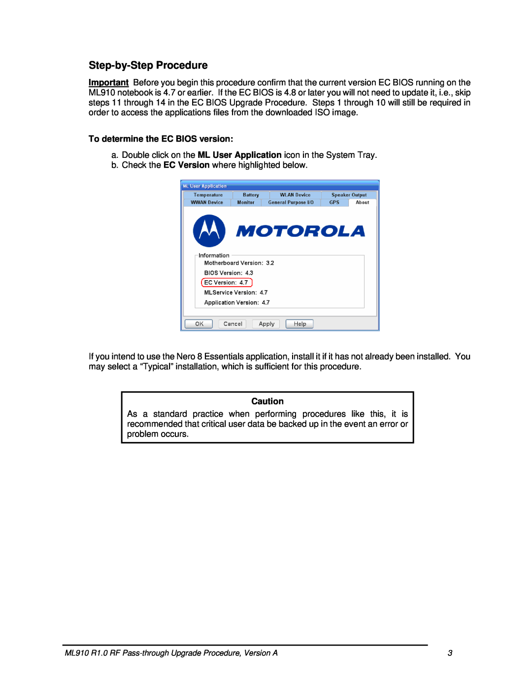 Motorola ML910TM manual Step-by-Step Procedure, ML910 R1.0 RF Pass-through Upgrade Procedure, Version A 