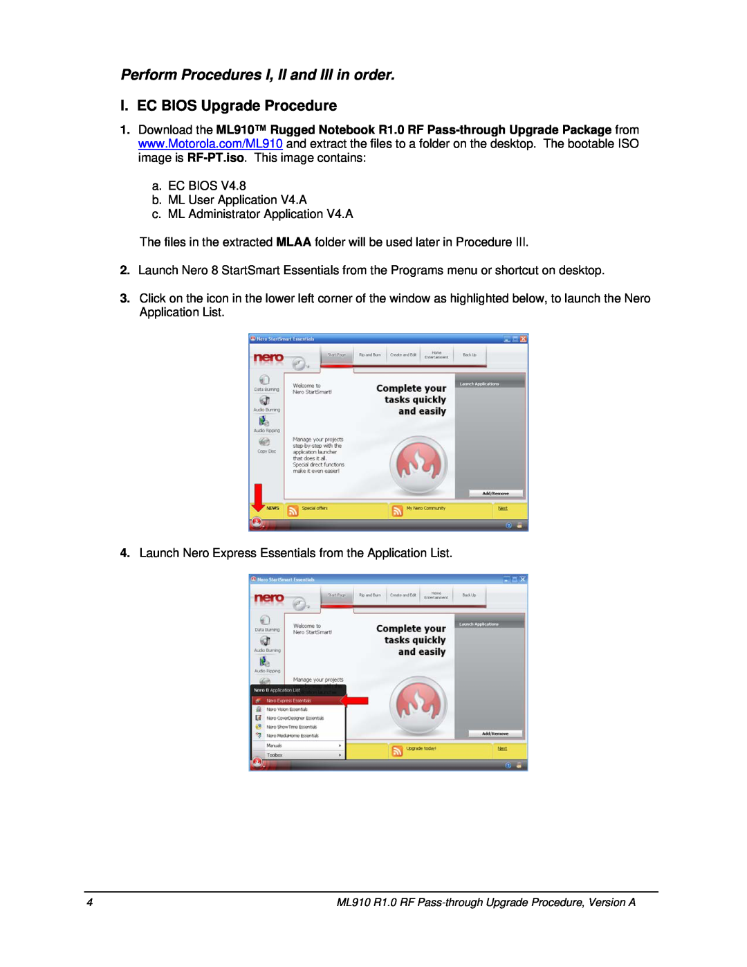 Motorola ML910TM manual I. EC BIOS Upgrade Procedure, Perform Procedures I, II and III in order 