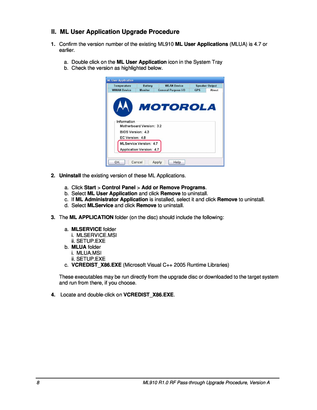 Motorola ML910TM manual II. ML User Application Upgrade Procedure, a. Click Start Control Panel Add or Remove Programs 
